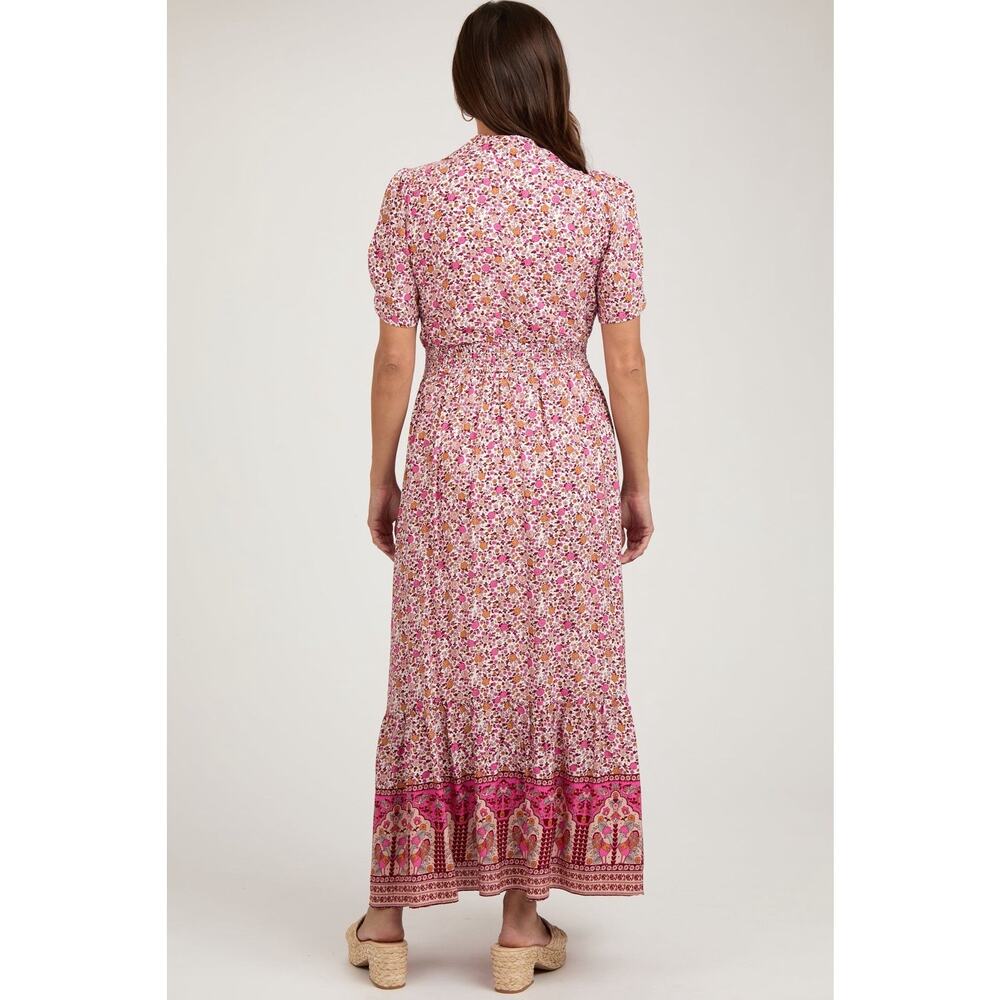 In Loom Floral Border Print Button Front Midi Dress Sz S Feminine Cottagecore - Picture 2 of 14